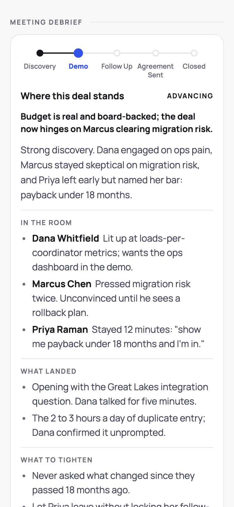 A meeting debrief for a sample deal: where the deal stands in the sales cycle, a note on each person in the room, what landed and what to tighten.