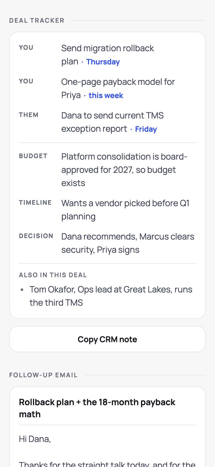 The deal tracker for a sample deal: commitments from each side with due dates, budget, timeline and decision process, and a drafted follow-up email.